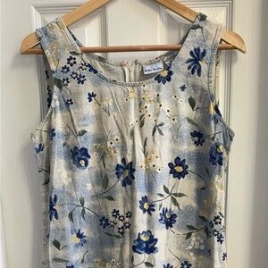 Bobbie Brooks Sleeveless Floral dress L Linen Blue Split Maxi Elegant Spring